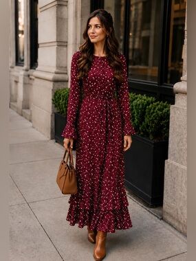 URBAN MODESTY Women's Burgundy Floral Button Front Bell Sleeves Maxi Dress L